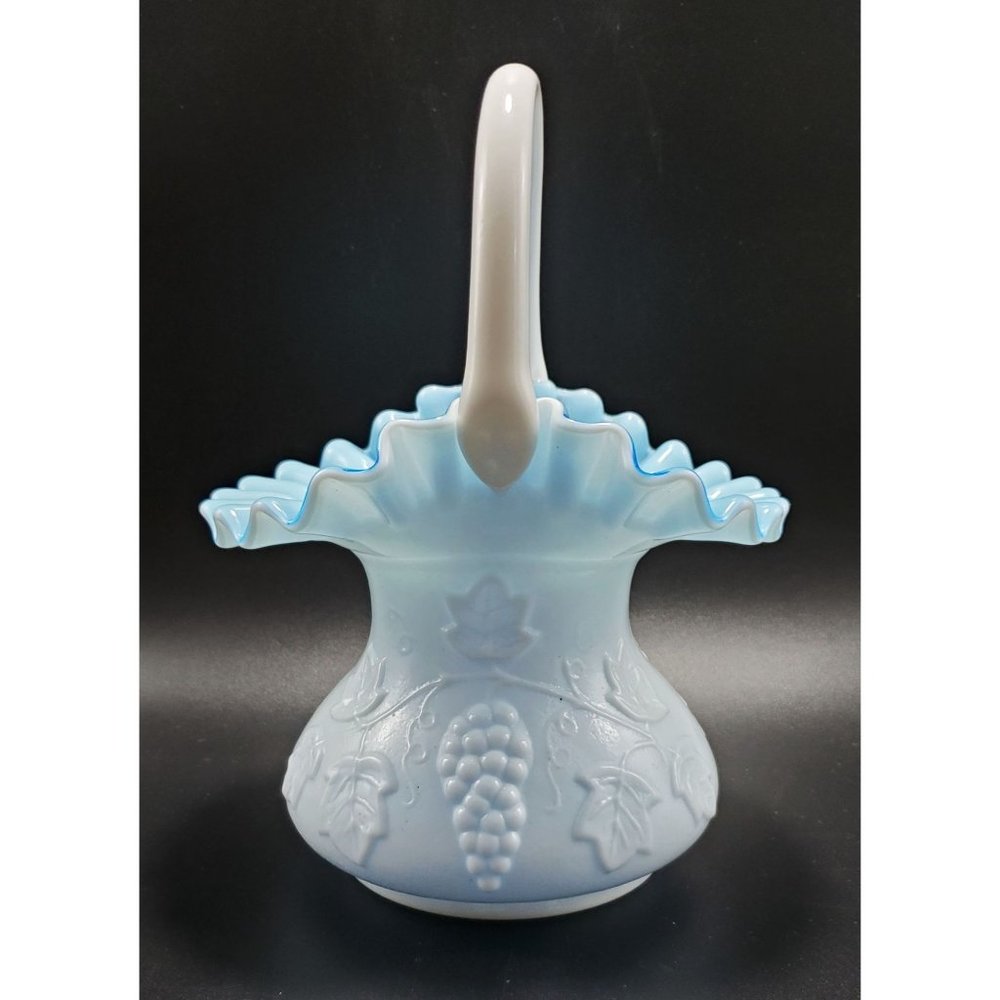 Kanawha VTG Cased Milk Glass Ruffled Bride Basket Grapevine Design White & Blue